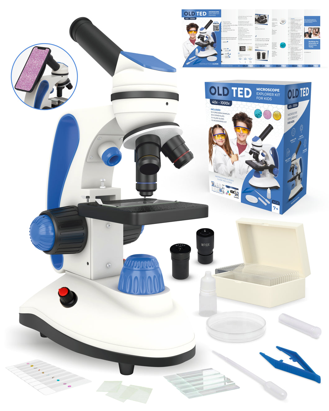 Old Ted 40x - 1000x Kids Microscope. Complete Microscope Kit with pre-Made Slides, Instruction Guide, Phone Adaptor & Microscope Accessories